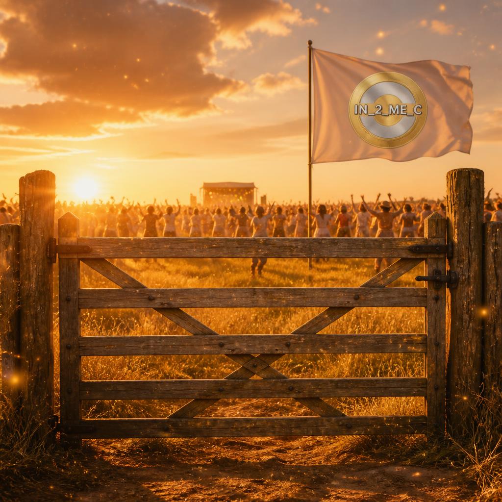 Heaven's Gate — a closed wooden five-bar gate at golden hour with a field of dancers and IN_2_ME_C banner beyond