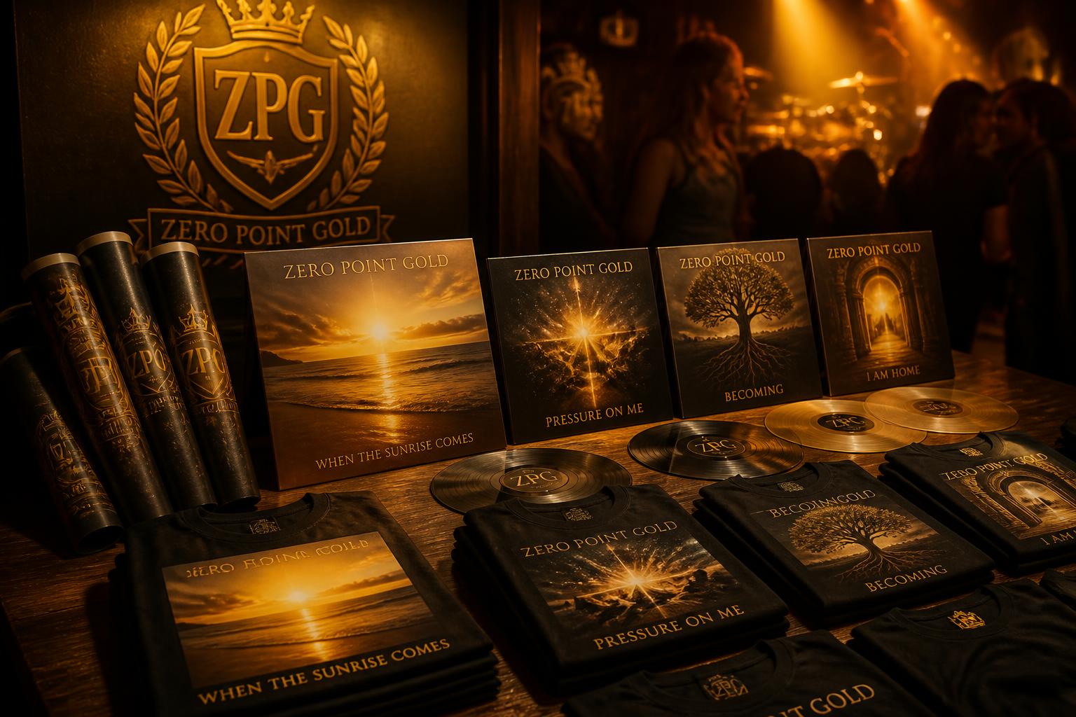 The merch table — album covers, vinyl, and t-shirts glowing under warm stage light
